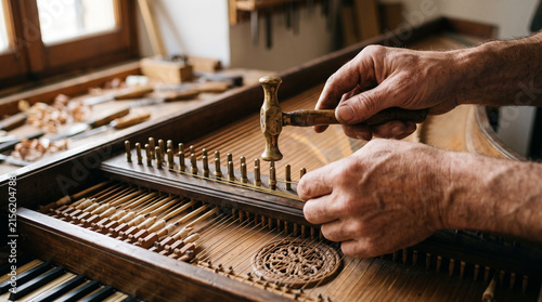 Man as a harpsichord maker using a tuning hammer to adjust metal strings on a vintage musical instrument inside a workshop. Traditional luthierie craftsmanship and restoration work.