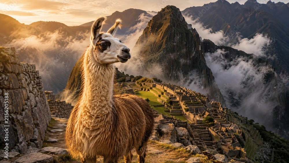 Naklejka premium Majestic llama standing on a mountain ridge overlooking ancient stone ruins
