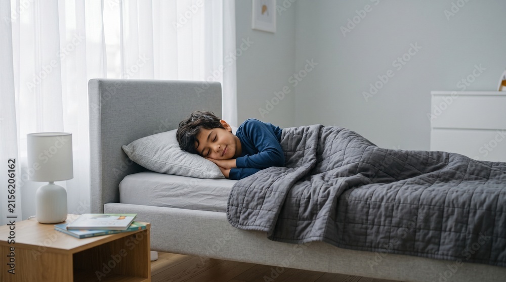 Fototapeta premium Peaceful Little Boy Sleeping Soundly in a Modern Grey Bed with Quilted Blanket and Soft Morning Light in Bright Minimalist Bedroom