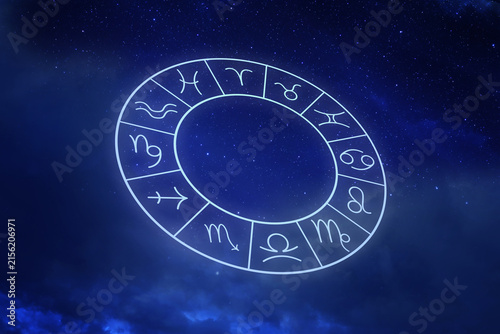 Zodiac wheel with astrological signs against night sky with stars. Illustration