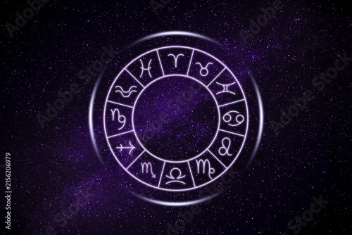 Astrological wheel with horoscope symbols against night sky with stars. Illustration