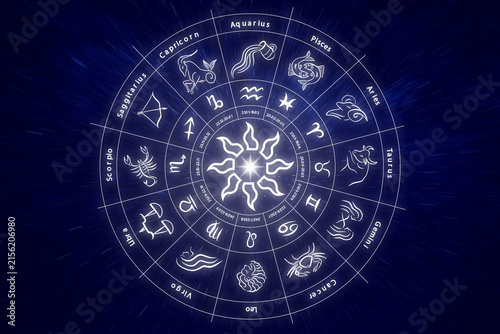 Zodiac wheel with astrological signs against dark blue background. Illustration