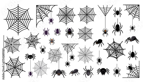 Konstfotografi Halloween spider web and spider silhouette collection with detailed cobwebs, cre