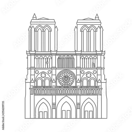 Black and white line art of the notre dame cathedral facade with cathedral architecture landmark