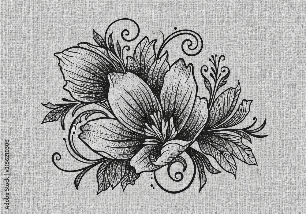 Fototapeta premium Elegant Black and White Floral Illustration with Swirls.