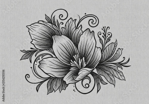 Elegant Black and White Floral Illustration with Swirls.