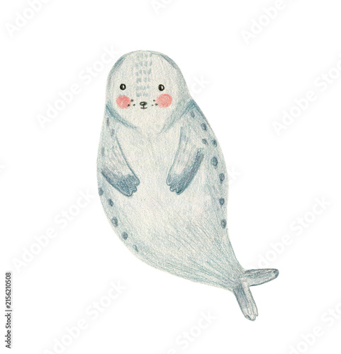 Color pencils drawing cute gray arctic water seal animal with pink cheeks. Textured crayons hand drawn cheerful sea lion for birthday greeting card design, banner, sticker, t-shirt print