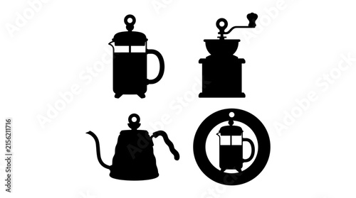 Obraz na plátně Black silhouette of coffee brewing equipment, including french press, manual cof