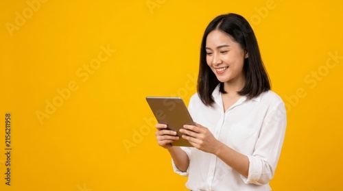 Asian woman using a tablet. Smiling girl browsing digital device on yellow background.