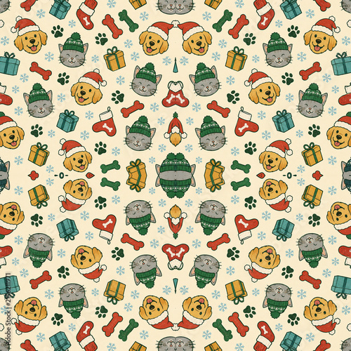 Cute Christmas Pet Seamless Pattern with Dogs, Cats, Gifts, Paw Prints and Bones