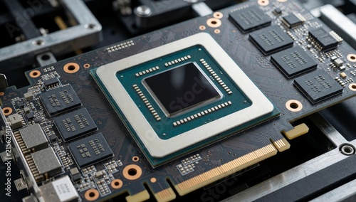 Close-up computer motherboard cpu chip center rectangular shape has green gold color scheme surrounded various