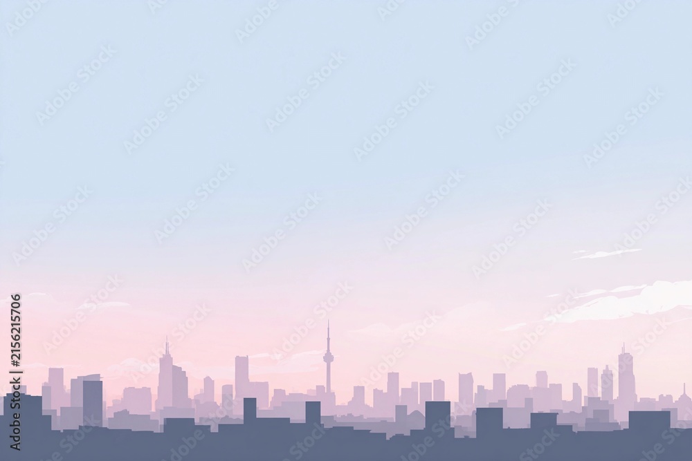 Fototapeta premium Morning city skyline silhouette under soft pastel sky at dawn Generative AI