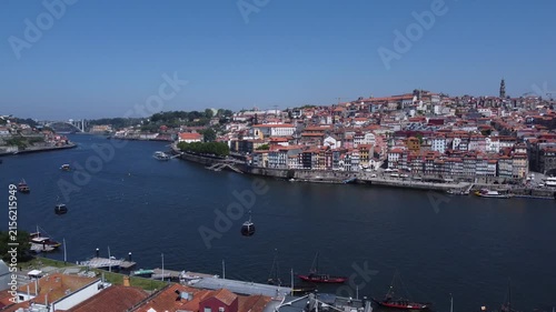 Porto, Portugal cityscape with the Douro River and historic bridges, featuring the Infante Bridge and Maria Pia Bridge, surrounded by traditional Portuguese architecture and scenic urban landscape.