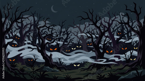 Spooky forest scene with ominous trees and glowing eyes, eerie atmosphere under a dark sky