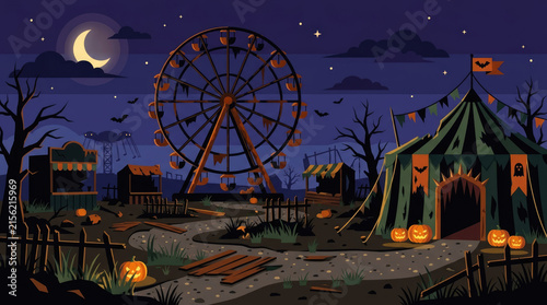 Spooky Halloween carnival scene with eerie ferris wheel, haunted tents, and glowing pumpkins