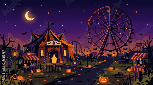 Spooky Halloween carnival scene with a haunted house, ferris wheel, and glowing pumpkins at night