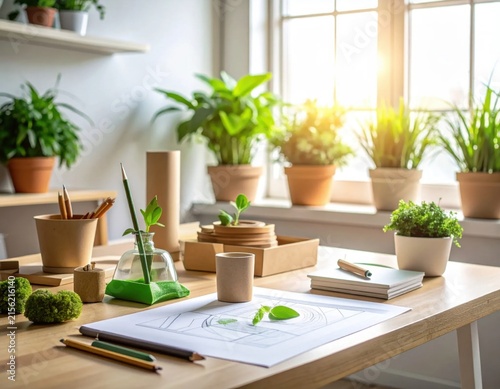 Sunlit wooden desk with potted houseplants, paper blueprints, and natural stationery in a cozy home office setting for sustainable design projects