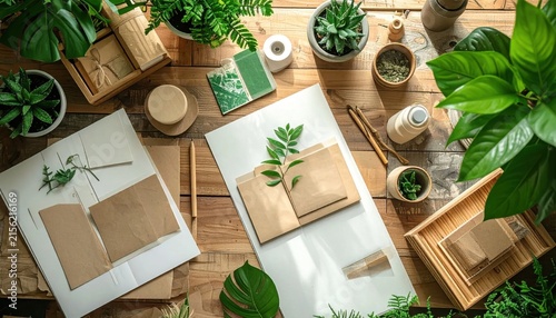 Top view of stationery workspace with kraft paper, notebooks, and lush indoor plants on rustic wooden table, aesthetic desk setup for journaling