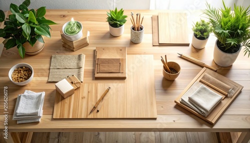 Top view of wooden table with stationery, house plants, and craft materials, natural workspace layout for productivity