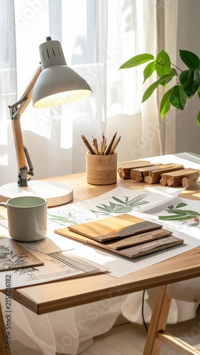 wood desk with lamp, botanical sketches, wooden material samples and office supplies in soft natural lighting for interior design workspace