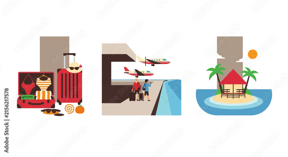 Naklejka premium Summer Vacation and Travel Concept Vector Illustration Set