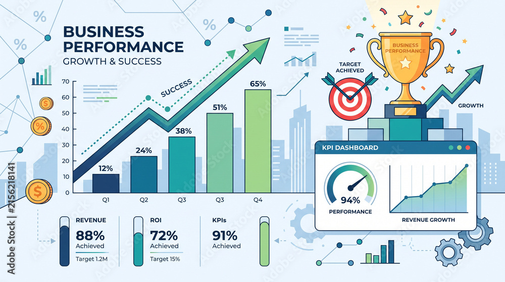 Fototapeta premium A colorful business performance dashboard displays bar charts, growth arrows, and metrics.