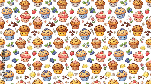 Cute Kawaii Muffins Pattern, Food Illustration