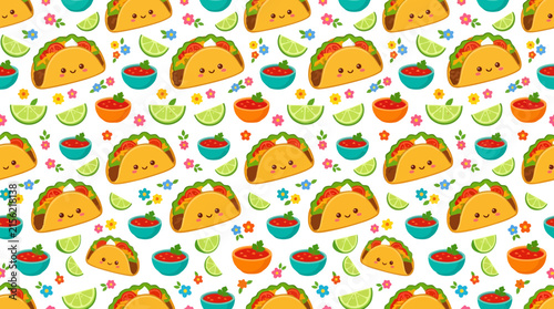 Cute Kawaii Tacos Seamless Pattern
