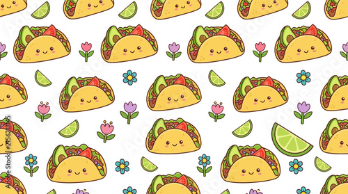 Cute Kawaii Tacos and Flowers Pattern