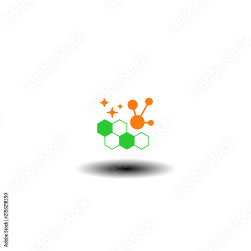 Vector illustration of hexagons structure with molecule and shining stars. Symbol of peptide. Icon of peptides science research.