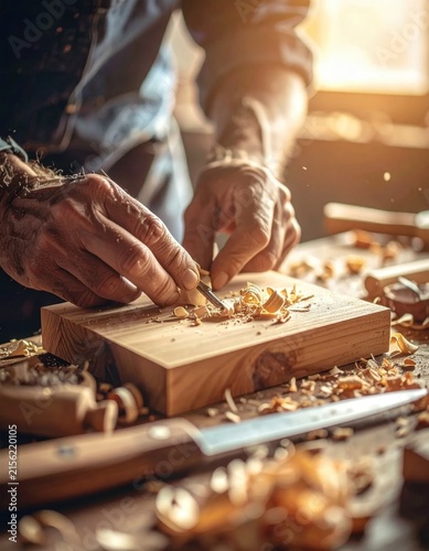 Carpenter hands carving intricate wooden block with chisel in workshop, artisan woodcraft mastery, manual labor expertise, rustic carpentry hobby