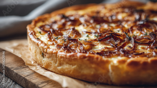 Close-up of baked onion tart with golden caramelized onions and flaky pastry crust showing rustic appearance