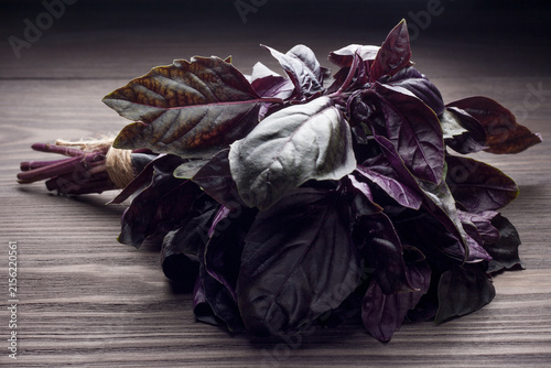 Fresh bunch purple basil on dark wooden table