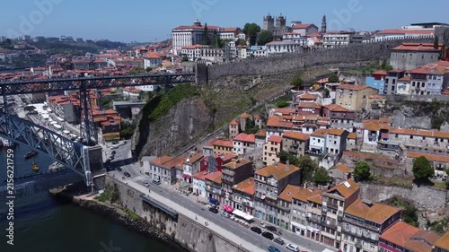 Porto, Portugal cityscape with the Douro River and historic bridges, featuring the Infante Bridge and Maria Pia Bridge, surrounded by traditional Portuguese architecture and scenic urban landscape.
