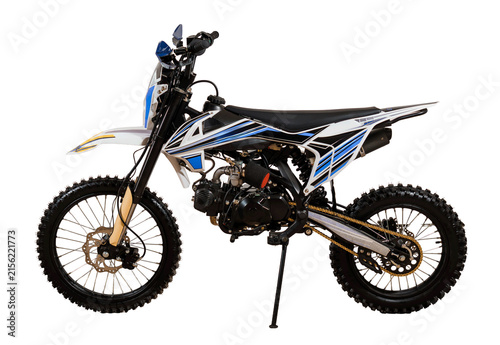 Blue and White Dirt Bike Motorcycle Standing on White Background with Knobby Tires and Gold Chain..