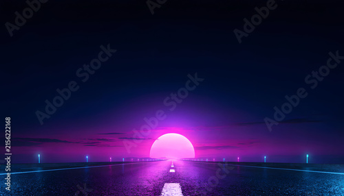 Dramatic Neon Sunset Sky with Glowing Street Lights, Moonlight, and Reflections Creating a Beautiful Urban Evening Landscape