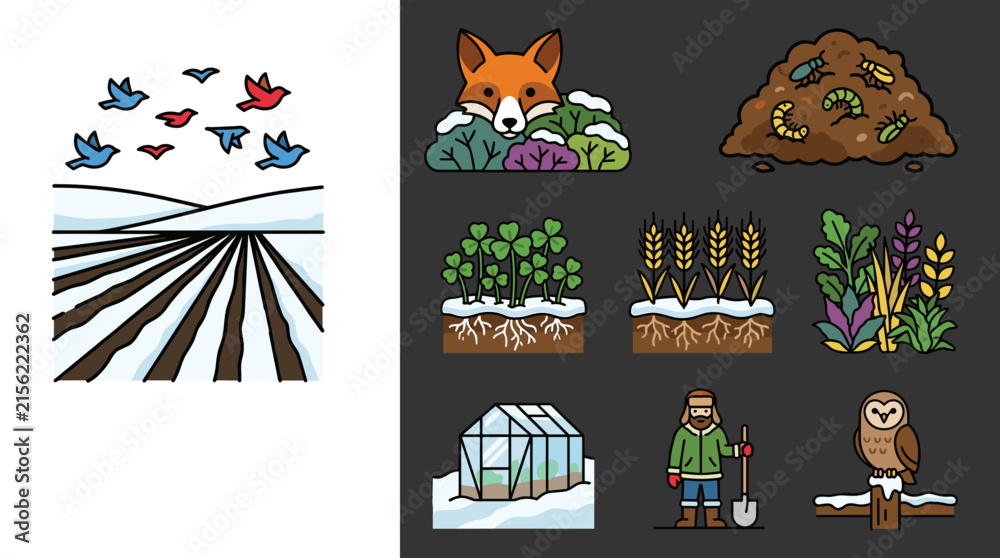 Fototapeta premium Flat design icon set illustrating seasonal nature and agriculture concepts, including winter fields, fox, compost, plants, and greenhouse.