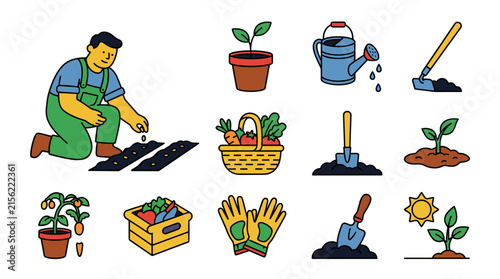 Flat design vector illustration icon set for gardening, farming, and agriculture with a farmer planting seeds, plants, and tools.