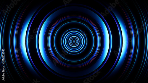 Quadro su tela Blue neon singularity forming deep abstract circular vortex in dark space for technology concept