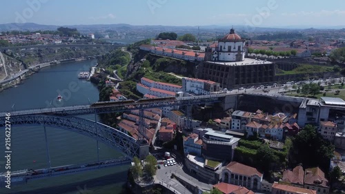 Porto, Portugal cityscape with the Douro River and historic bridges, featuring the Infante Bridge and Maria Pia Bridge, surrounded by traditional Portuguese architecture and scenic urban landscape.