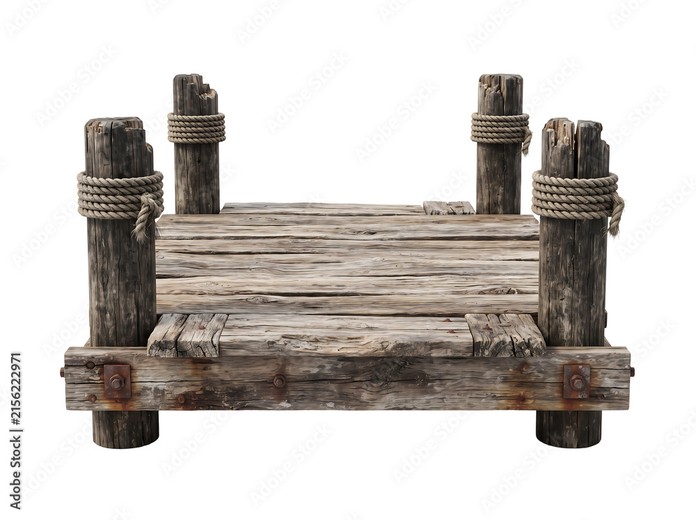 Fototapeta premium Rustic Weathered Wooden Dock Pier Section with Ropes Isolated on Transparent Background