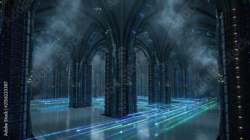 Futuristic vaulted server room with glowing light paths.