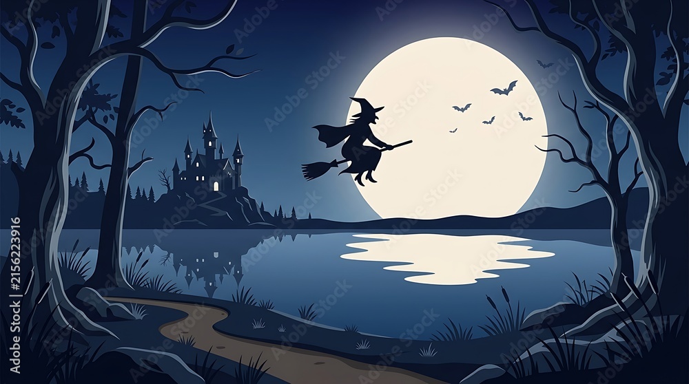 Fototapeta premium Silhouette of a witch flying on a broomstick in front of a large full moon over a dark lake