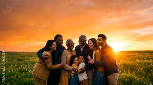 happy multi generational family hugging together in field at sunset
