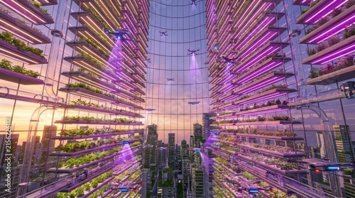 Indoor vertical farm skyscraper with automated drone monitoring.