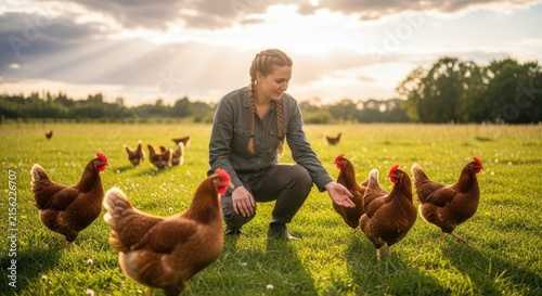 Ecoconscious agricultural worker inspecting chicken welfare in pasture