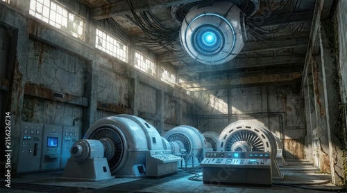Industrial facility with turbine machinery and glowing blue orb.