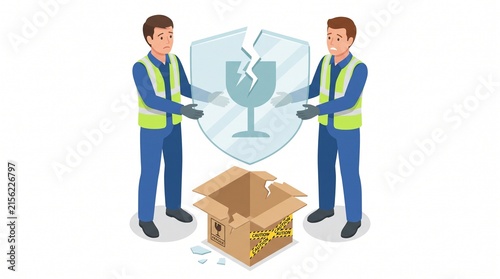 Isometric illustration of workers holding a giant fragile cracked glass icon