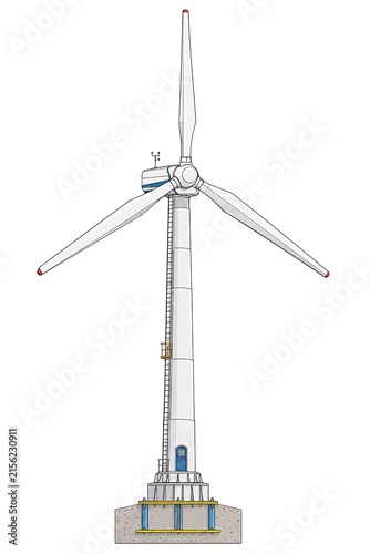 Technical illustration of a modern wind turbine for renewable energy and clean power generation.