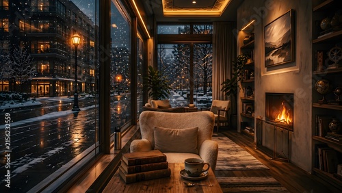 A warm, inviting interior shot of a cozy cafe lounge during a snowy evening. Floor-to-ceiling glass windows look out onto a snow-covered city street illuminated by warm streetlamps. Inside, a plush ar